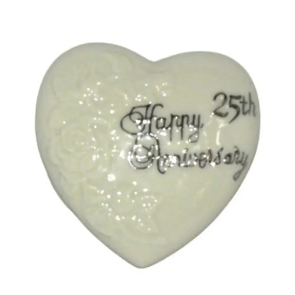 Heart-Shaped Porcelain Happy 25th Anniversary Trinket Box Rose Embossed Design